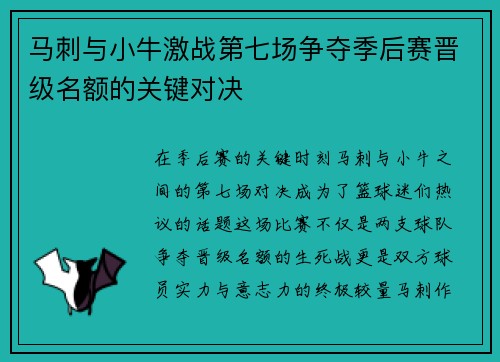 马刺与小牛激战第七场争夺季后赛晋级名额的关键对决